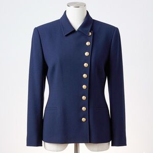 Vintage Lauren Ralph Lauren Asymmetrical Gold Button Wool Blazer Navy | 12 RARE